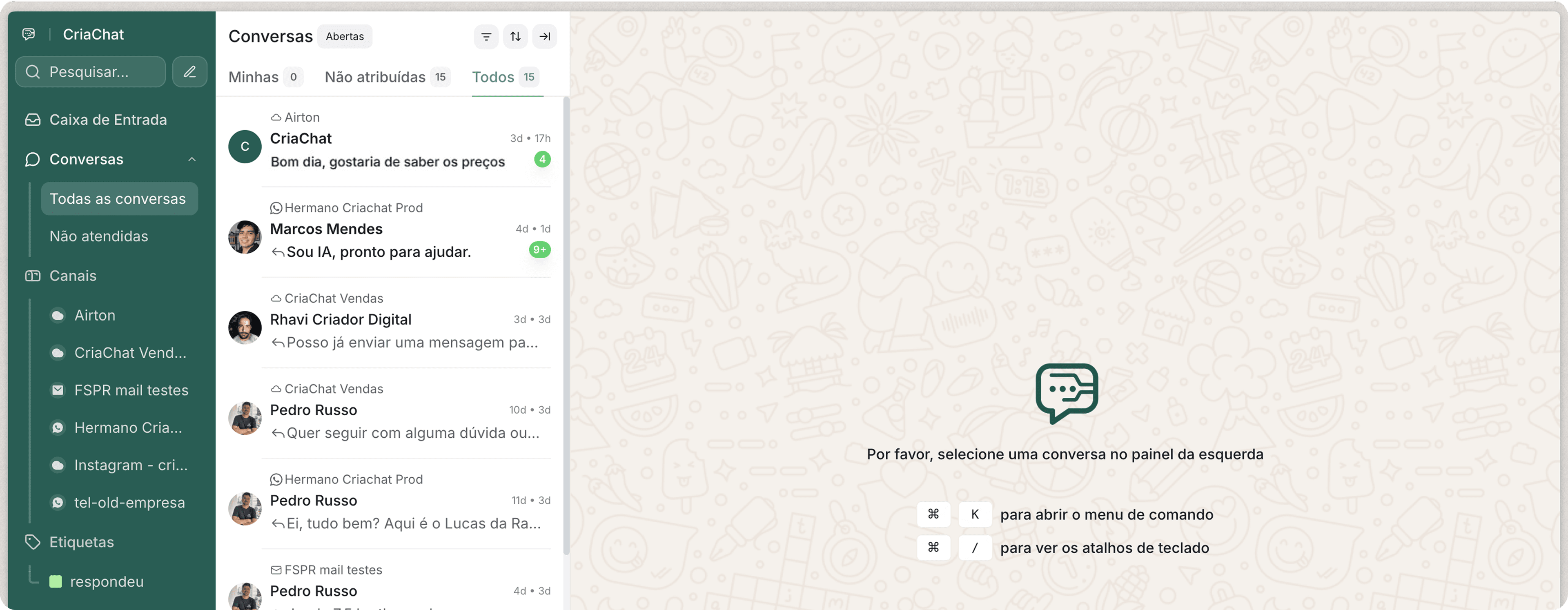 Tela do cria.chat: as conversas da empresa inteira num só lugar